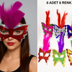 Renkli Parti Maskesi 6'lı | Tüylü Karton Maske Seti (Lastikli)