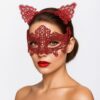Romantik Kırmızı Dantel Maske Seti – Kedi Kulaklı Taç ve Maske 3 No