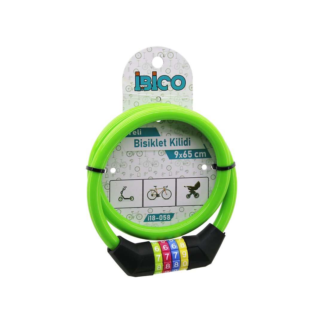 ŞİFRELİ İNCE BİSİKLET KİLİT ÇELİK TEL YEŞİL RENKLİ KILIF 9MMX65CM