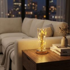 Silindirik Kristal Altın Toz Model LED Masa Lambası – Gold Tabanlı, Dokunmatik, 3 Renk Işık Modlu, Şarjlı Modern Dekoratif Gece Lambası
