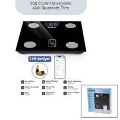 SİYAH YAĞ ÖLÇER AKILLI BLUETOOTH CAM BASKÜL PİLLİ 180KG/50GR 26X26CM 8-KİŞİ HAFIZA LCD EKRAN ℃ GÖSTERGE SBS-4470