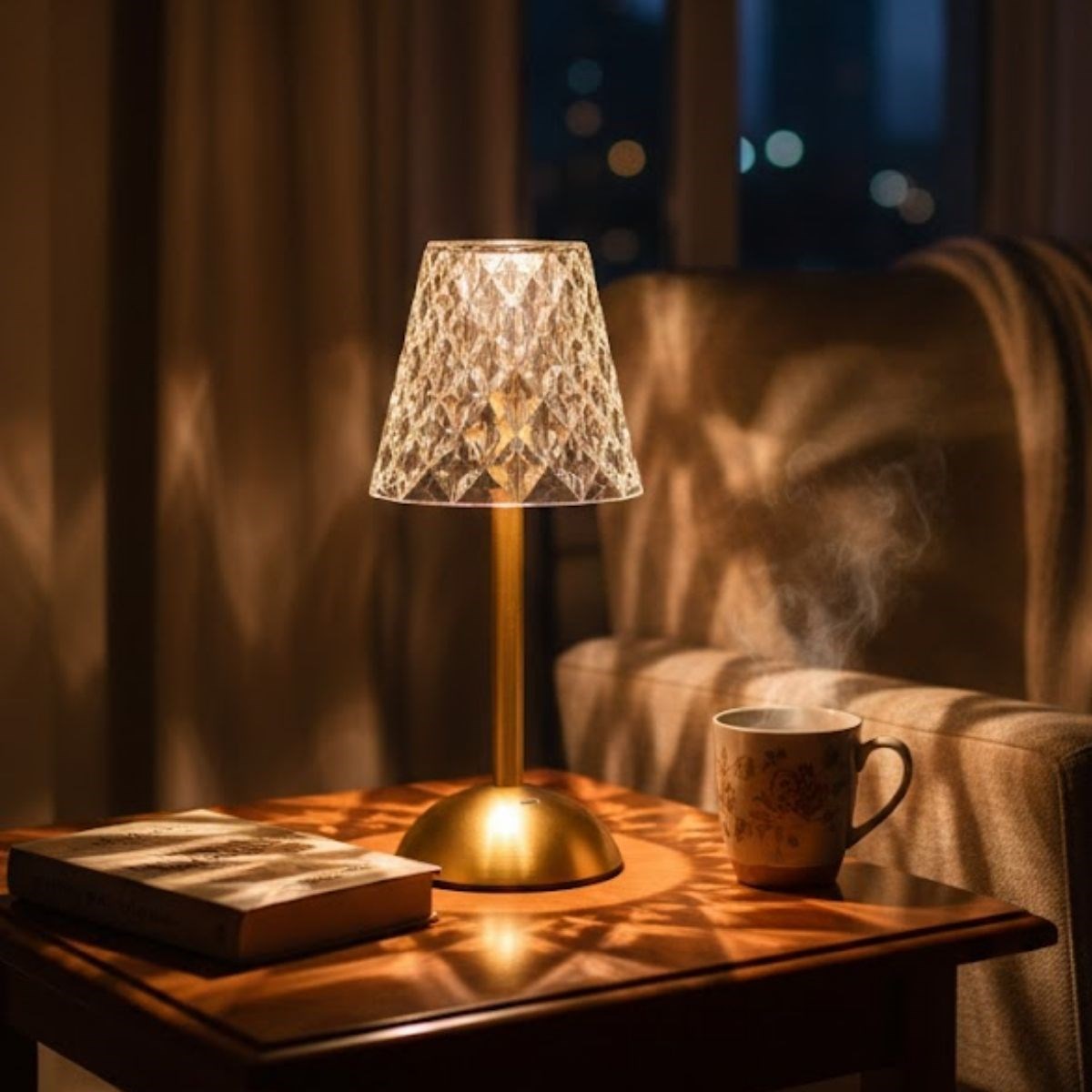 Uzun Klasik Şeffaf Baklava Model LED Masa Lambası – Dokunmatik, 3 Renk Işık Modlu, Şarjlı Dekoratif Gece Lambası