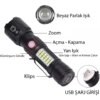 WS-2828 Ultra USB Şarjlı Polis El Feneri, Bekçi, Asker El Feneri Kırmızı Mavi Çakarlı 1000 Lümen