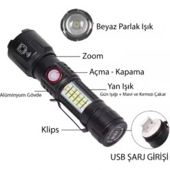 WS-2828 Ultra USB Şarjlı Polis El Feneri, Bekçi, Asker El Feneri Kırmızı Mavi Çakarlı 1000 Lümen