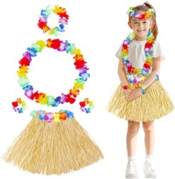Yetişkin Çocuk Hawaii Parti Seti - 40 cm Naturel Etek + Çiçek Aksesuarlar (5 Parça)