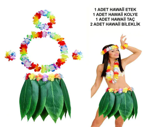 Yetişkin Hawaii Kostüm Seti - Yaprak Etek &amp;amp; Hawaii Set - 5 Parça