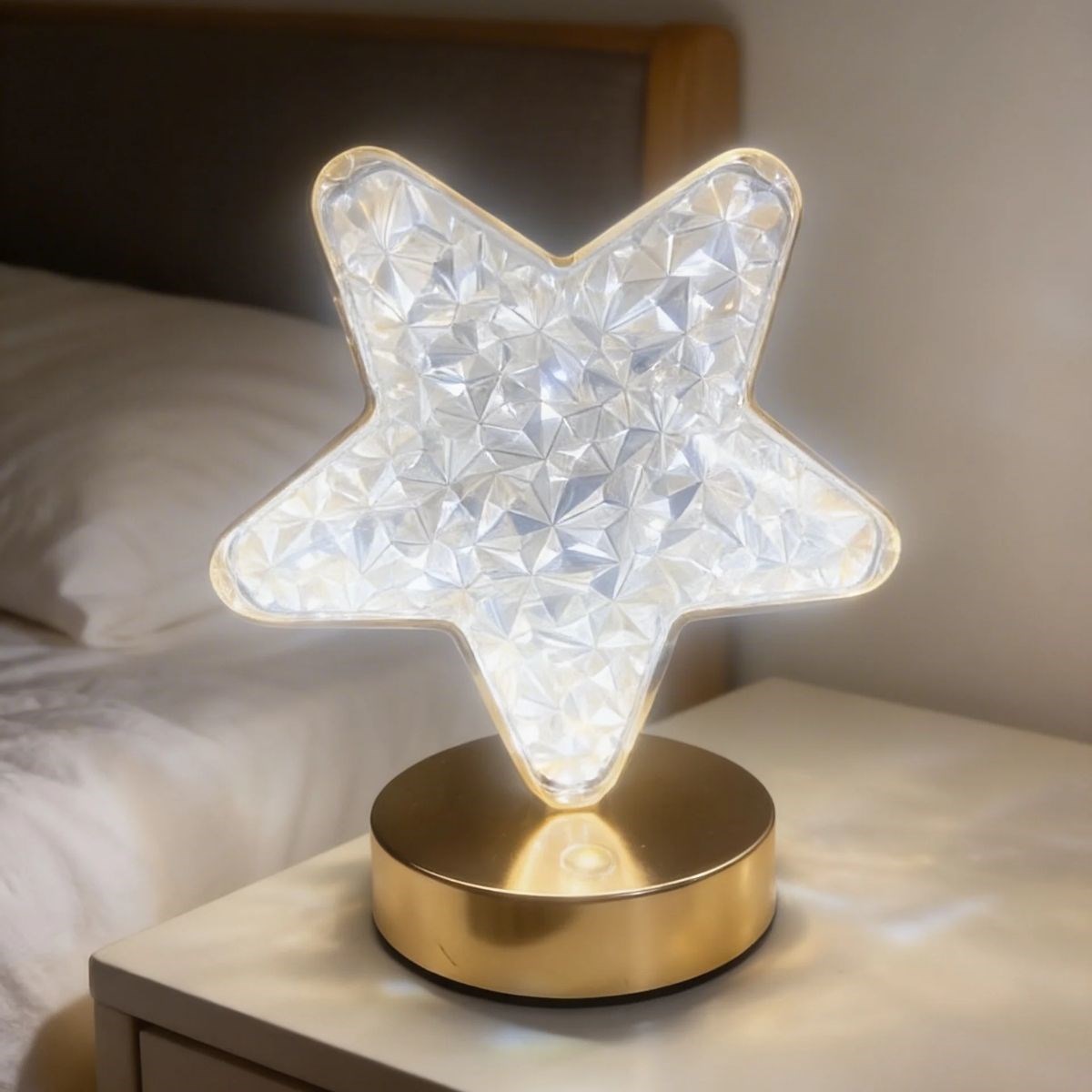 Yıldız Model Kristal LED Masa Lambası – Dokunmatik, 3 Renk Işık Modlu, Şarjlı Mini Dekoratif Gece Lambası