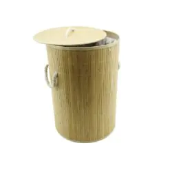YUVARLAK BAMBU AHŞAP KİRLİ ÇAMAŞIR SEPETİ 35X60CM SEYYAR KAPAKLI İÇİ BEZLİ İP KULPLU