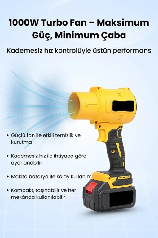 21V Kablosuz Hava Üfleyici | 32.000RPM Turbo Fan, 12.000mAh Batarya, Bahçe &amp; Araç Kurutma / Sarı