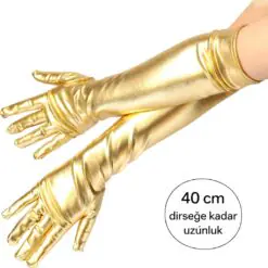 Altın Renk Dirsek Altı Lüks Saten Eldiven 40 cm