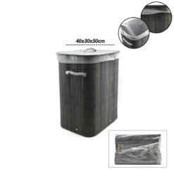 GRİ DİKDÖRTGEN 40X30CM - Y:60CM BAMBU AHŞAP KİRLİ ÇAMAŞIR SEPETİ SEYYAR KAPAKLI KUMAŞ ÇANTALI İP KULPLU