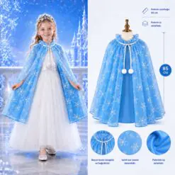 Kar Tanesi Desenli Mavi Elsa Pelerini - Astarlı Frozen Pelerini 85 cm