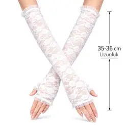 Uzun Zarif Dantel Eldiven Parmaksız Beyaz 35 cm