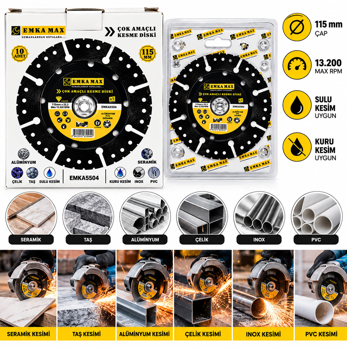 10 ADET ÇOK AMAÇLI KESME DİSK SERAMİK - ÇELİK - PVC - INOX - ALÜMİNYUM - TAŞ 115MMX22.2