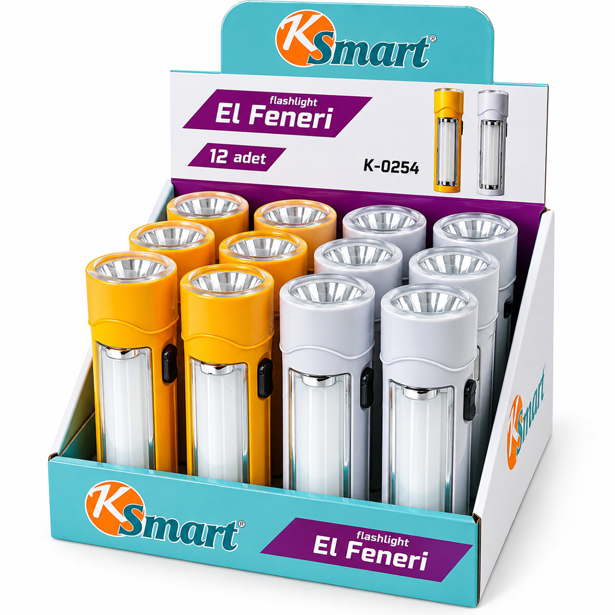 12 ADET 2İN1 PİLLİ EL FENERİ RENKLİ PLASTİK K-0254