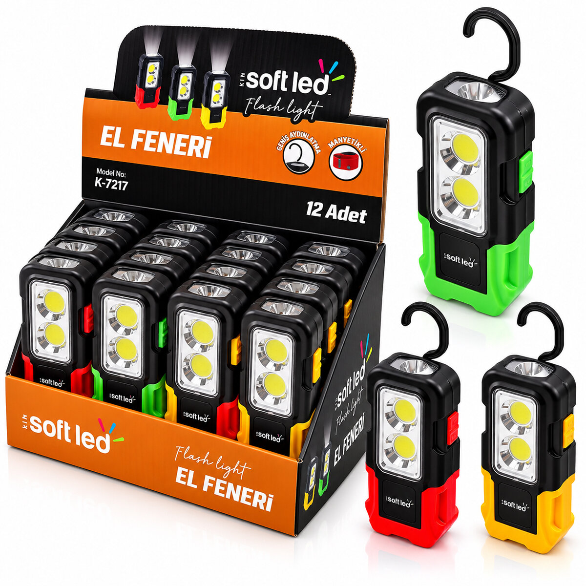 12 ADET 2IN1 SOFTLED EL FENERİ 3XAAA PİLLİ MIKNATISLI ASMA APARATI 1W LED - 3W COP LED K-7217