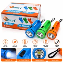 12 ADET LED EL FENERİ 2XAA PİLLİ RENKLİ PLASTİK K-0070
