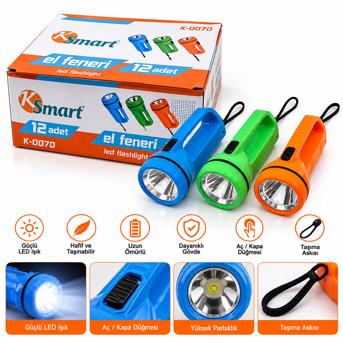 12 ADET LED EL FENERİ 2XAA PİLLİ RENKLİ PLASTİK K-0070
