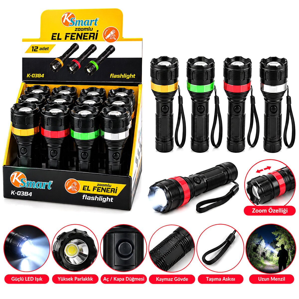 12 ADET ZOOMLU EL FENERİ 3XAAA PİLLİ RENKLİ PLASTİK K-0384