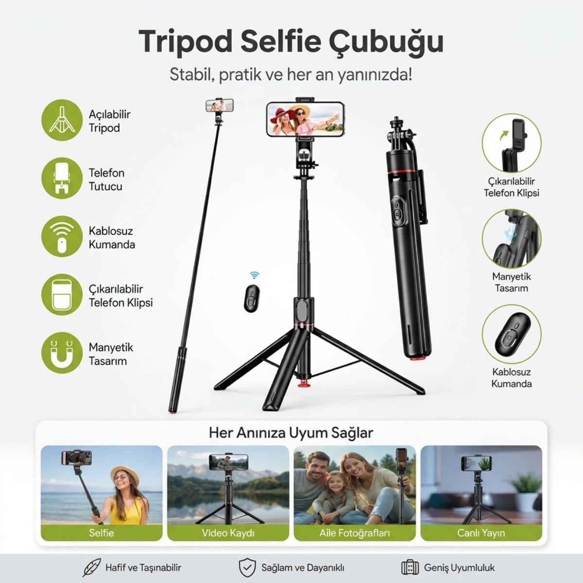 130 cm Uzayabilen Manyetik Kumandalı Tripod ve Ayarlanabilir Telefon Tutuculu, Alüminyum Gövdeli Selfie Çubuğu