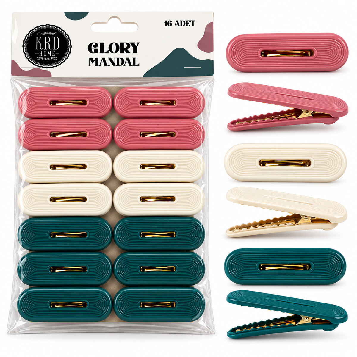 16PCS ÇAMAŞIR MANDALI RENKLİ PLASTİK - KABARTMA DESENLİ