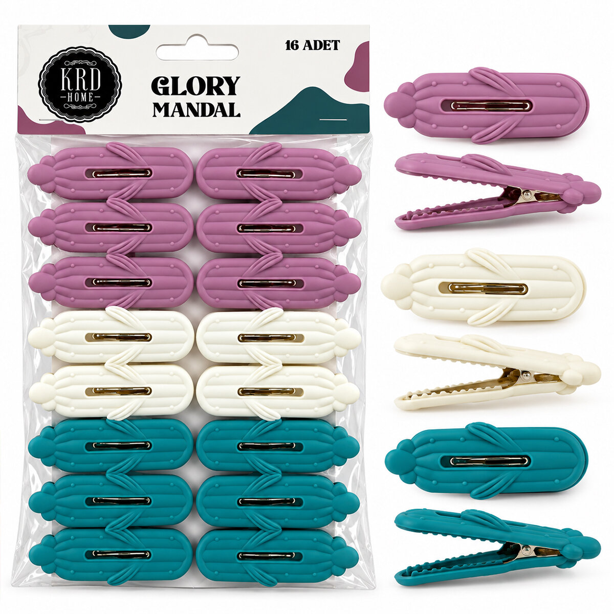 16PCS ÇAMAŞIR MANDALI RENKLİ PLASTİK - KABARTMA DESENLİ