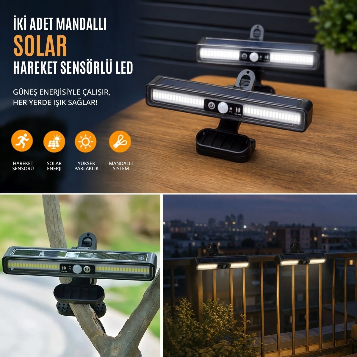 2 Adet 36 LED Mandallı Solar Lamba, Güneş Enerjili, Hareket Sensörlü, 3 Modlu, Kıskaçlı Kablosuz Dış Mekân Duvar Apliği