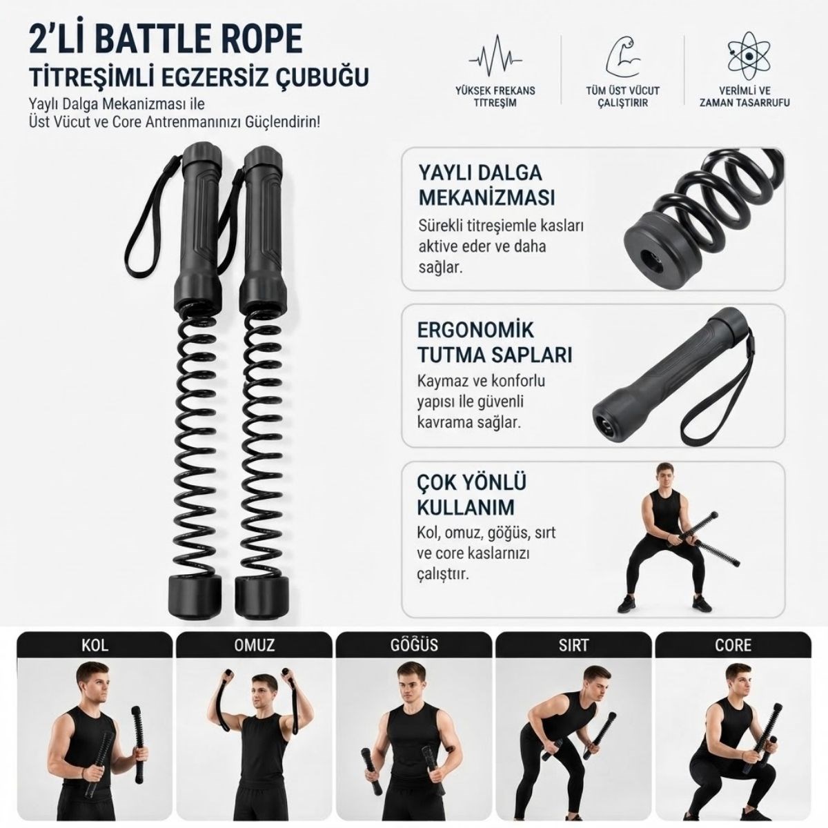 2'li Battle Rope Titreşimli Egzersiz Çubuğu, Yaylı Dalga Mekanizmalı Kol, Omuz, Göğüs, Sırt ve Core Antrenman Aleti