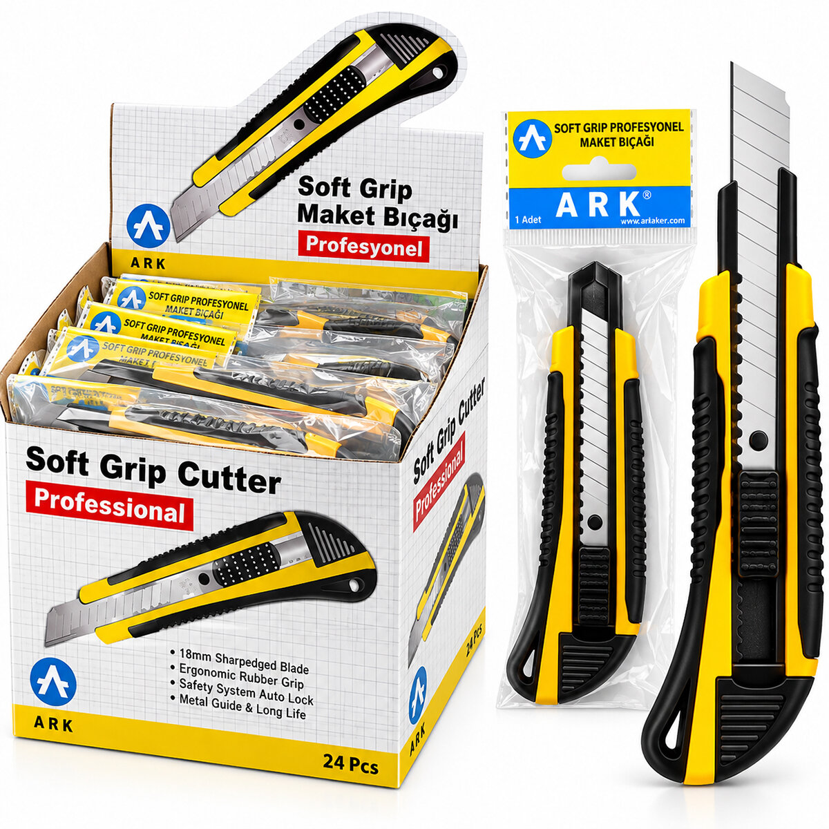 24 ADET LÜX PLASTİK GRİP FALÇATA MAKET BIÇAK 18MM ÇELİK BIÇAK