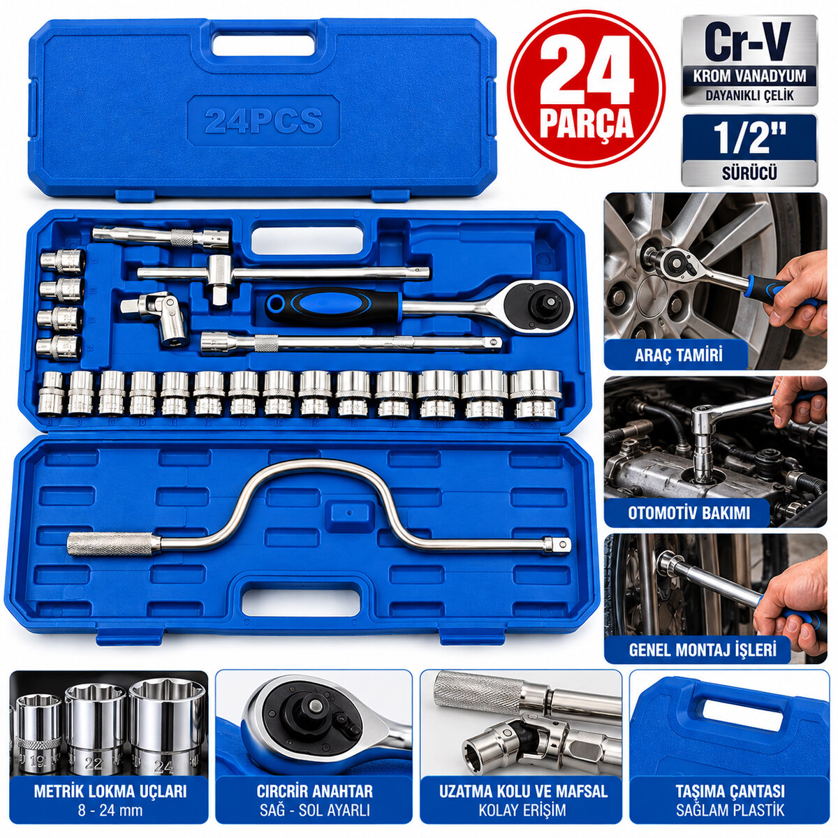24 PARÇA 1/2 INC DR.SOCKET SET LOKMA - SOKET - ADAPTÖR - CIRCIR KOLU CHROME VANADIUM METAL ÇANTALI