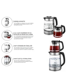 2İN1= ÇAYCI - KETTLE ÇELİK ELEKTRİKLİ ÇAY MAKİNESİ 2LT + 1,2LT ÇAY SÜZGEÇLİ 360° DÖNEBİLİR STM-5990
