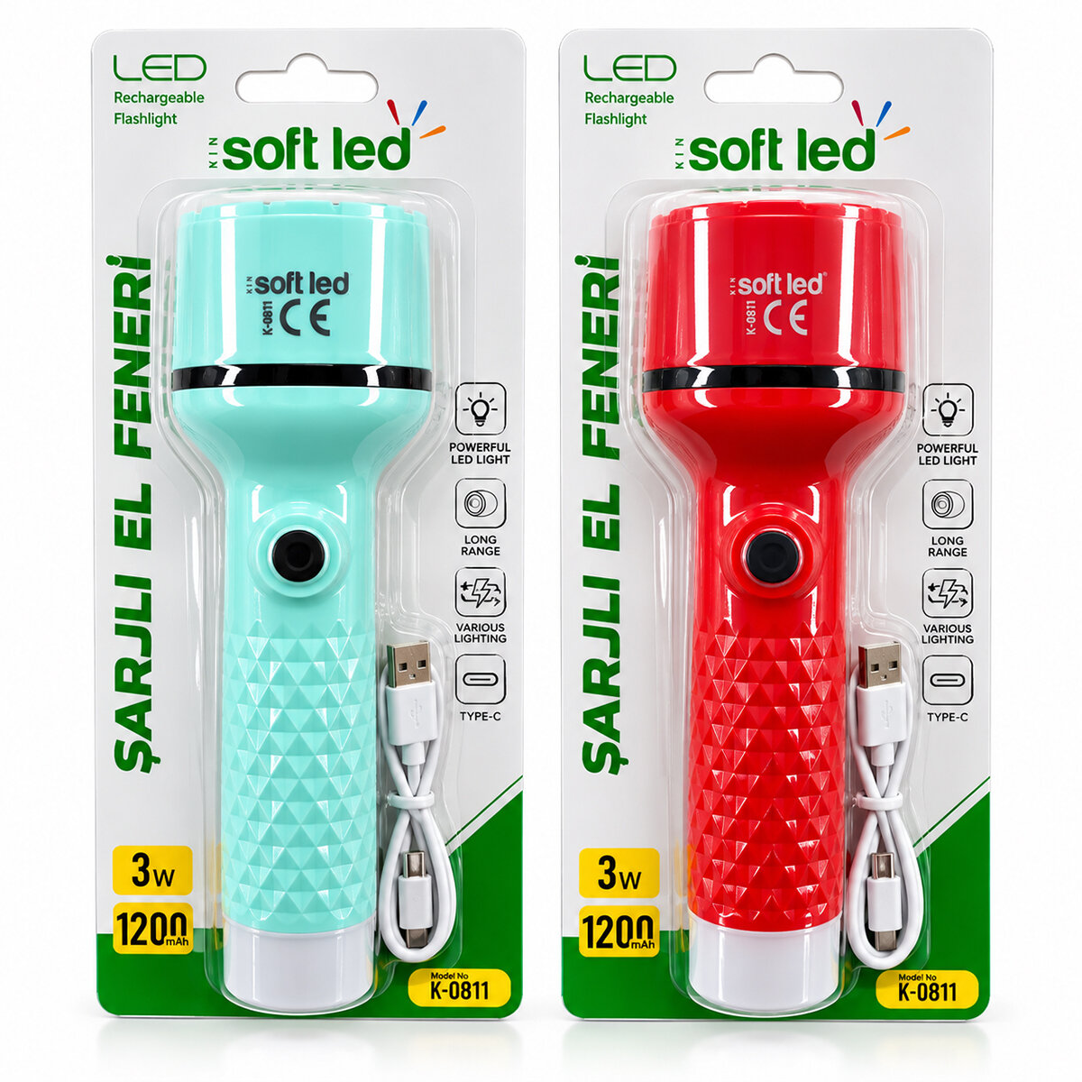 2IN1 ŞARJLI EL FENERİ USB - TYPE-C ŞARJLI 1 LED 2W - 8 SMD 1W K-0811