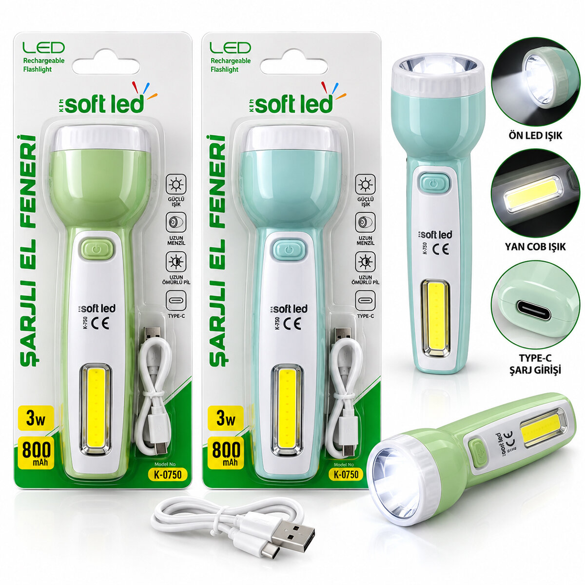 2IN1 SOFTLED ŞARJLI EL FENERİ USB - TYPE-C ŞARJLI 2W LED - 1W COB LED K-0750