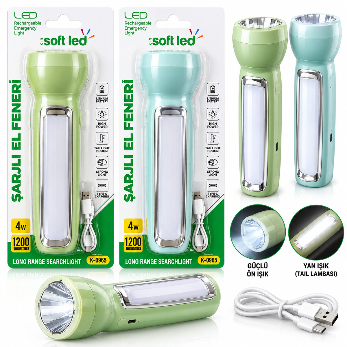 2IN1 SOFTLED ŞARJLI EL FENERİ USB - TYPE-C ŞARJLI 1 LED 1.2W - 14 LED 2.4W K-0965
