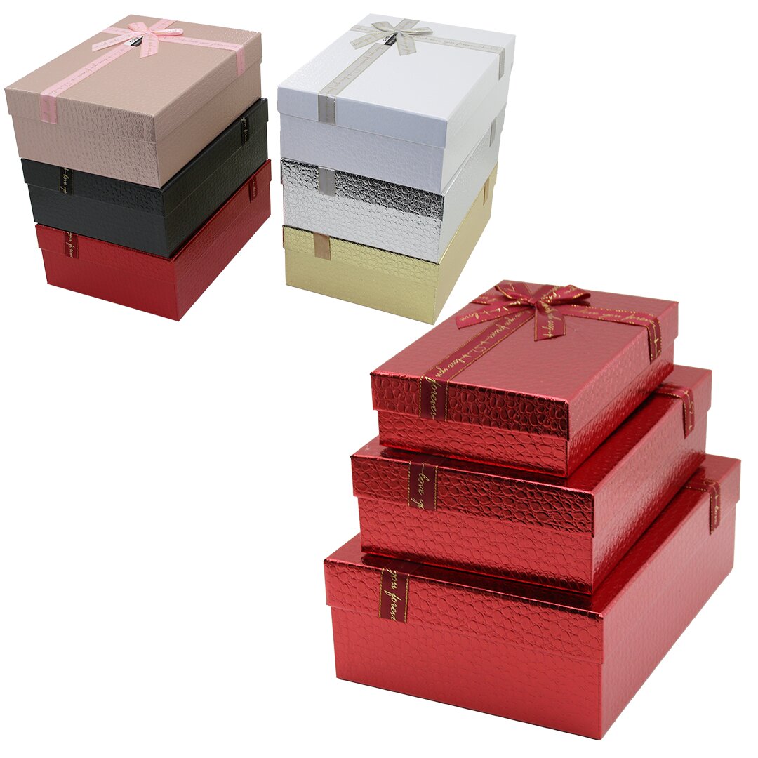 3PCS D.DÖRTGEN PARLAK MİX RENKLİ - KABARTMA DESEN KARTON HEDİYE KUTUSU KURDELALI 33X24.5-28.5X20.5-24X16.5CM