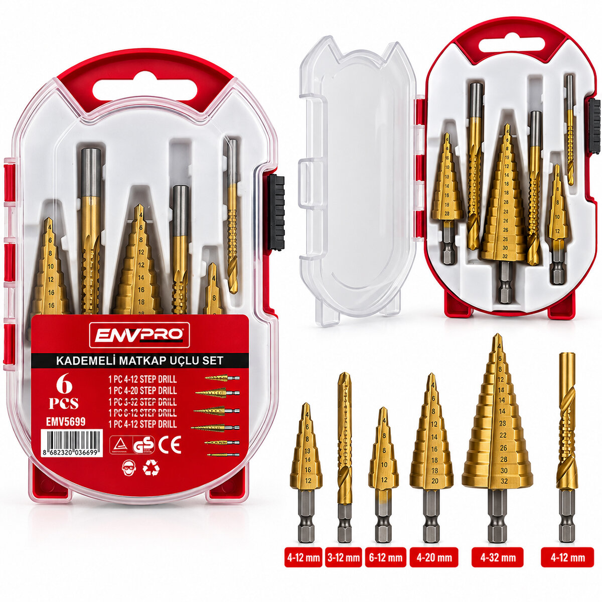 6PCS MATKAP UÇLU KADEMELİ SET 4-12MM - 4-20MM - 4-32MM - 3MM - 6MM - 8MM