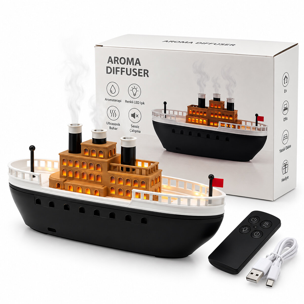 AROMA DIFFUSER GEMİ IŞIKLI HAVA NEMLENDİRİCİ BUHAR MAKİNE - KOKU GİDERİCİ 250ML KRD-8769