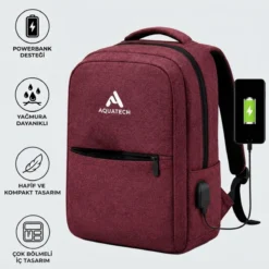 Bordo Laptop Sırt Çantası, Bilgisayar Korumalı İç Bölmeli Notebook Çantası, Organizer Cepli ve USB Şarj Portlu
