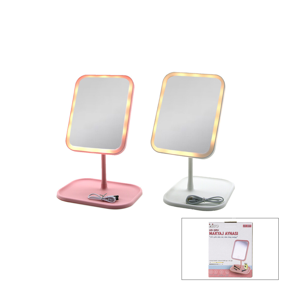 DİKDÖRTGEN 7 INC LEDLİ - USB ŞARJLI MAKYAJ AYNASI 90° AÇI AYARLI TAKILI AYAK RENKLİ PLS İ11-017