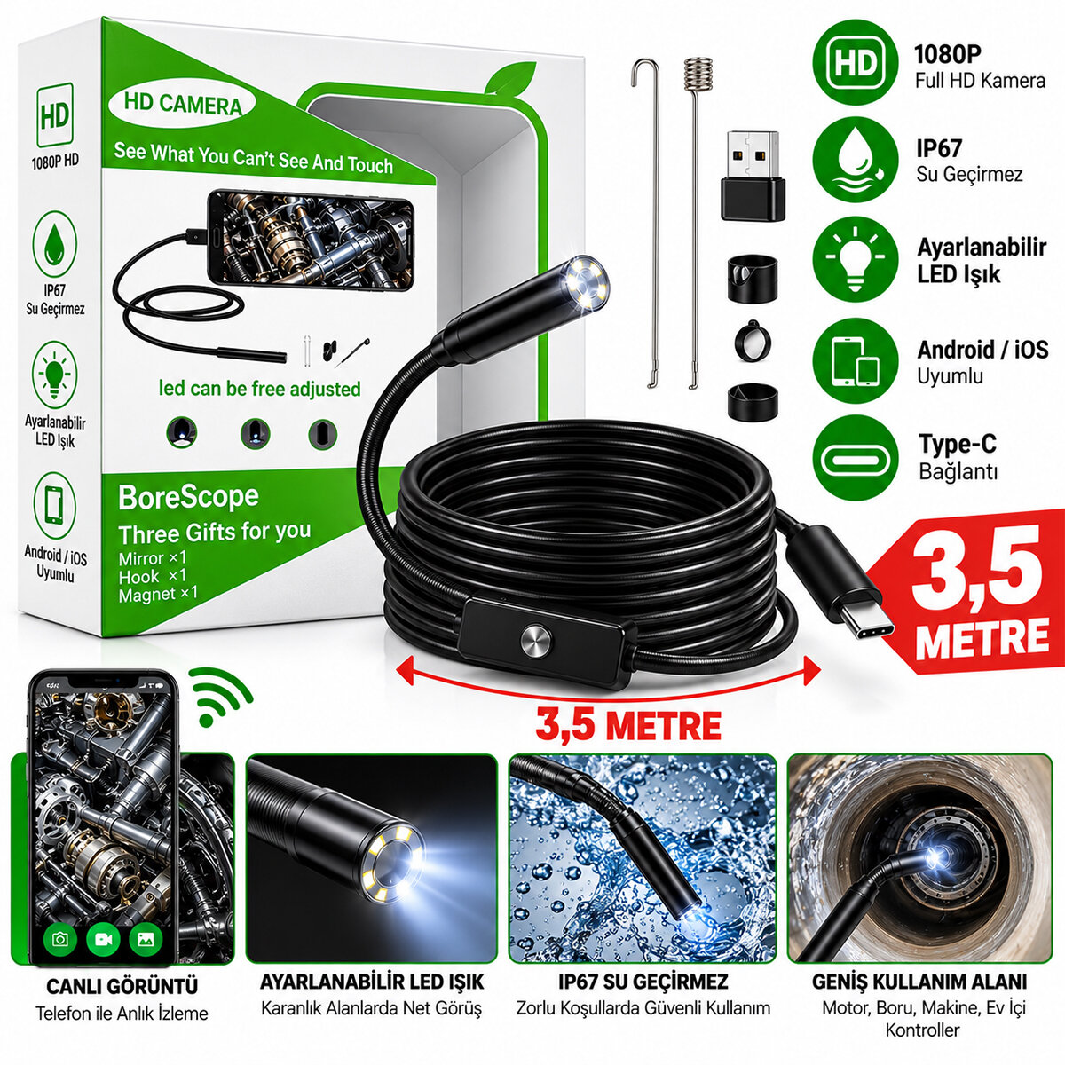 HD 3.5 METRE- SU GEÇİRMEZ YILAN KAMERA IP67 SERTİFİKALI LED IŞIKLI ANDROİD DESTEKLİ
