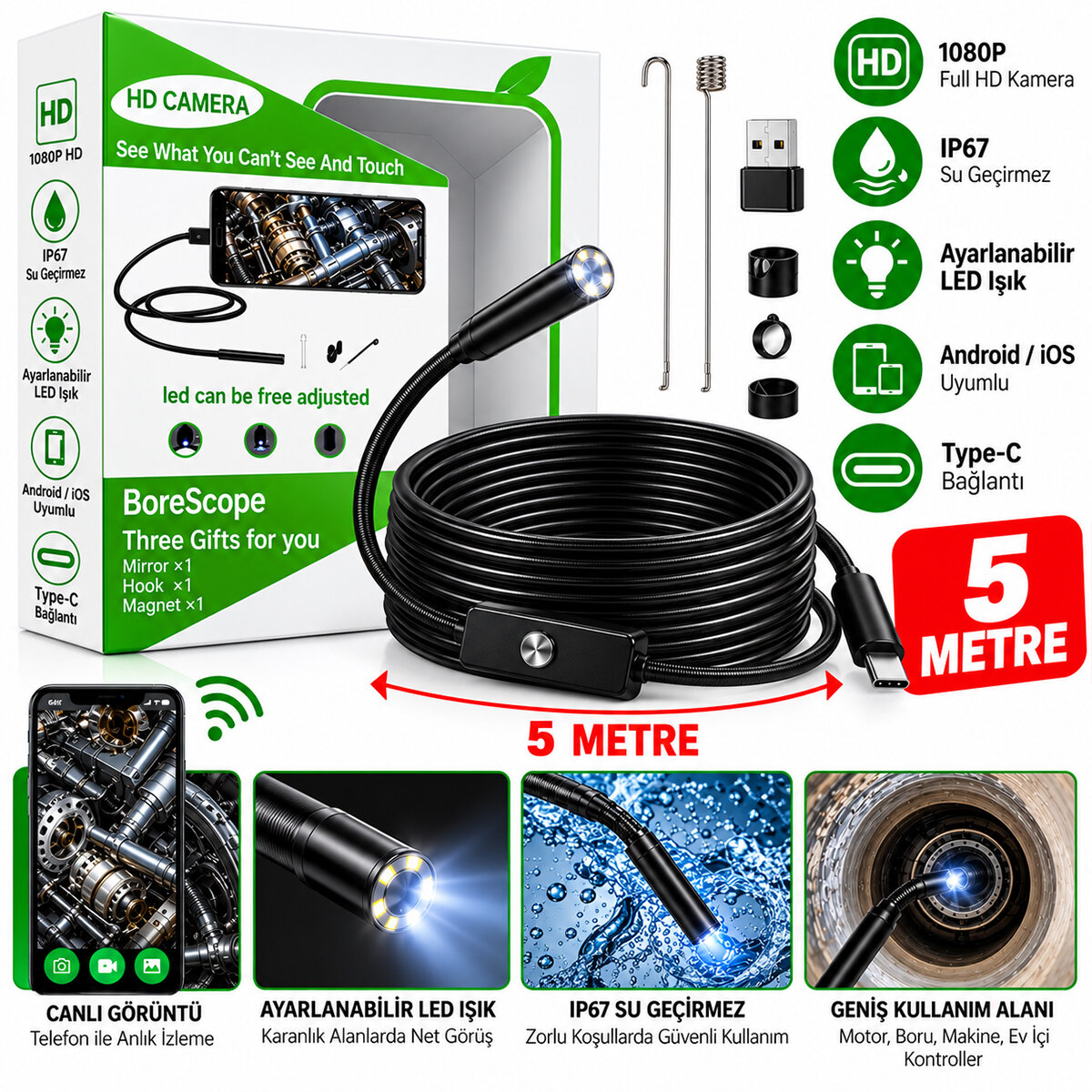 HD 5 METRE- SU GEÇİRMEZ YILAN KAMERA IP67 SERTİFİKALI LED IŞIKLI ANDROİD DESTEKLİ
