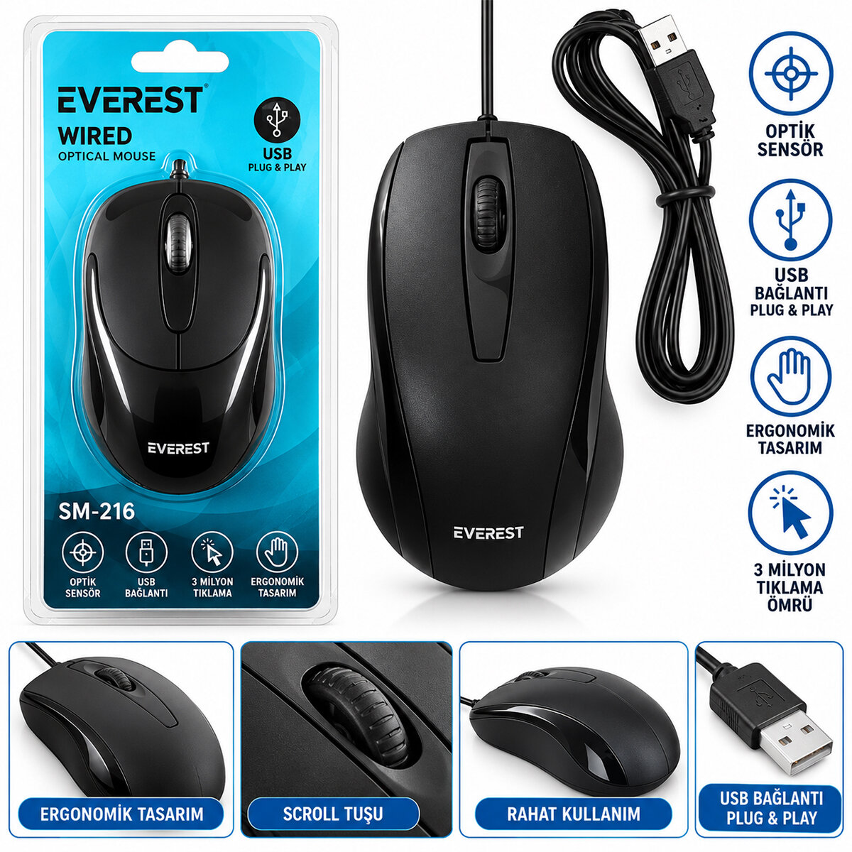 KABLOLU USB - IŞIKLI SİYAH OPTİCAL MOUSE 1200 DPI SM-216