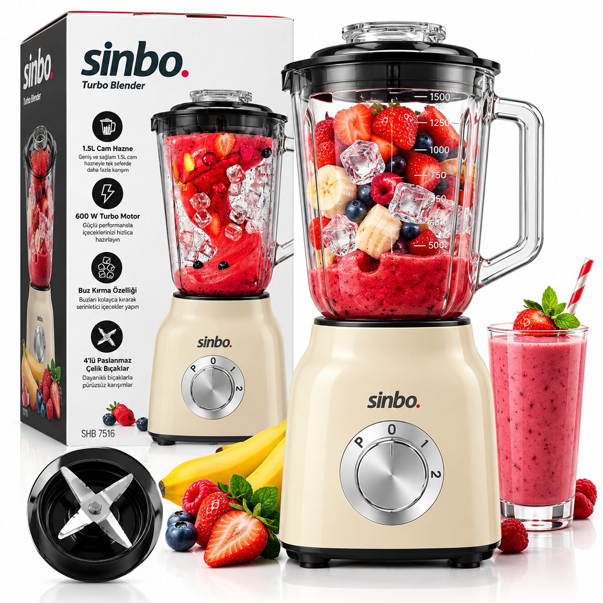 KREM TURBO EL BLENDER SETİ DOĞRAYICI - MİKSER - BLENDER 600W 2 KADEME HIZ 1.5LT CAM HAZNE SHB-7516