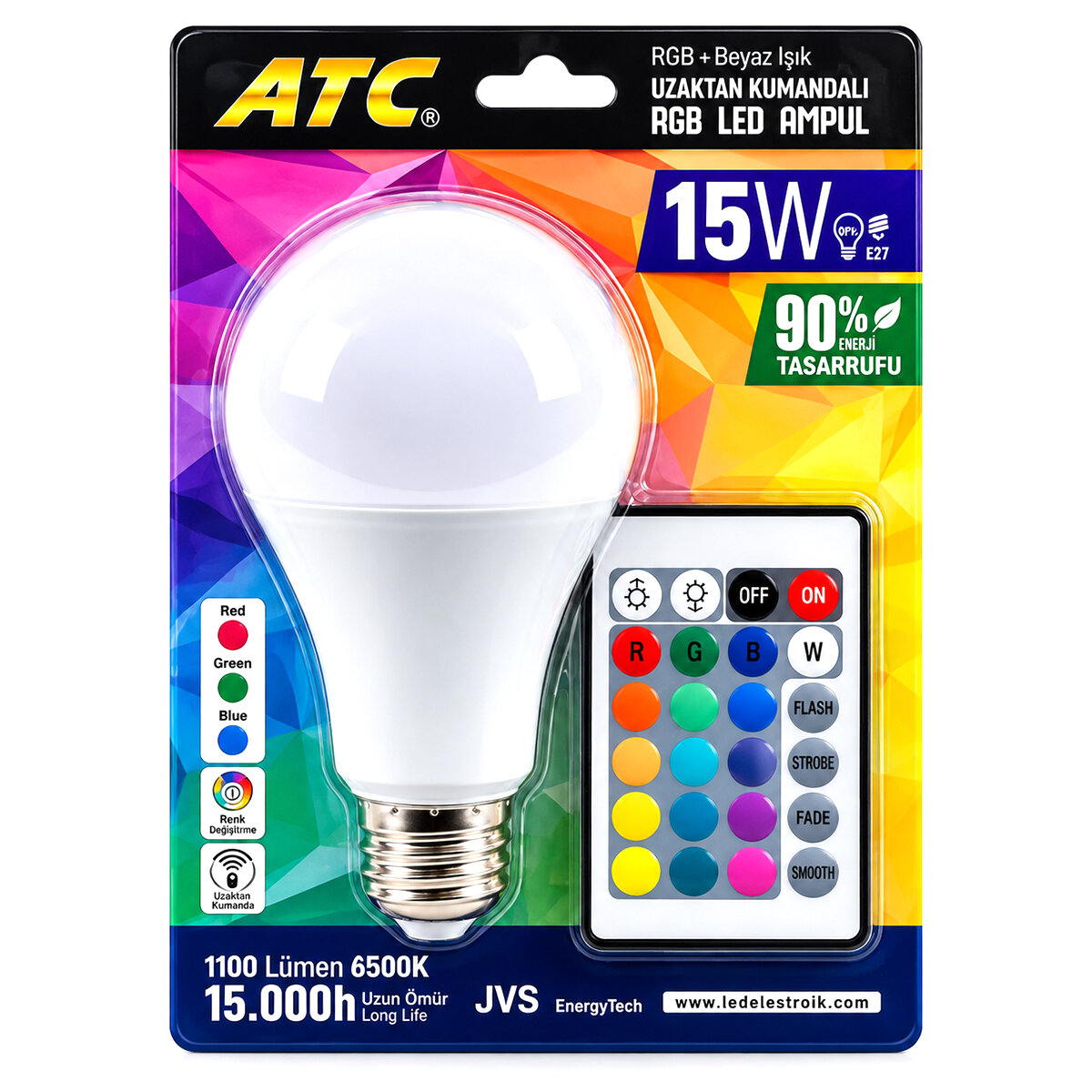 KUMANDALI - RGB 15W=90W - E27 LED AMPUL 1100LM 15000 SAAT ÖMÜR