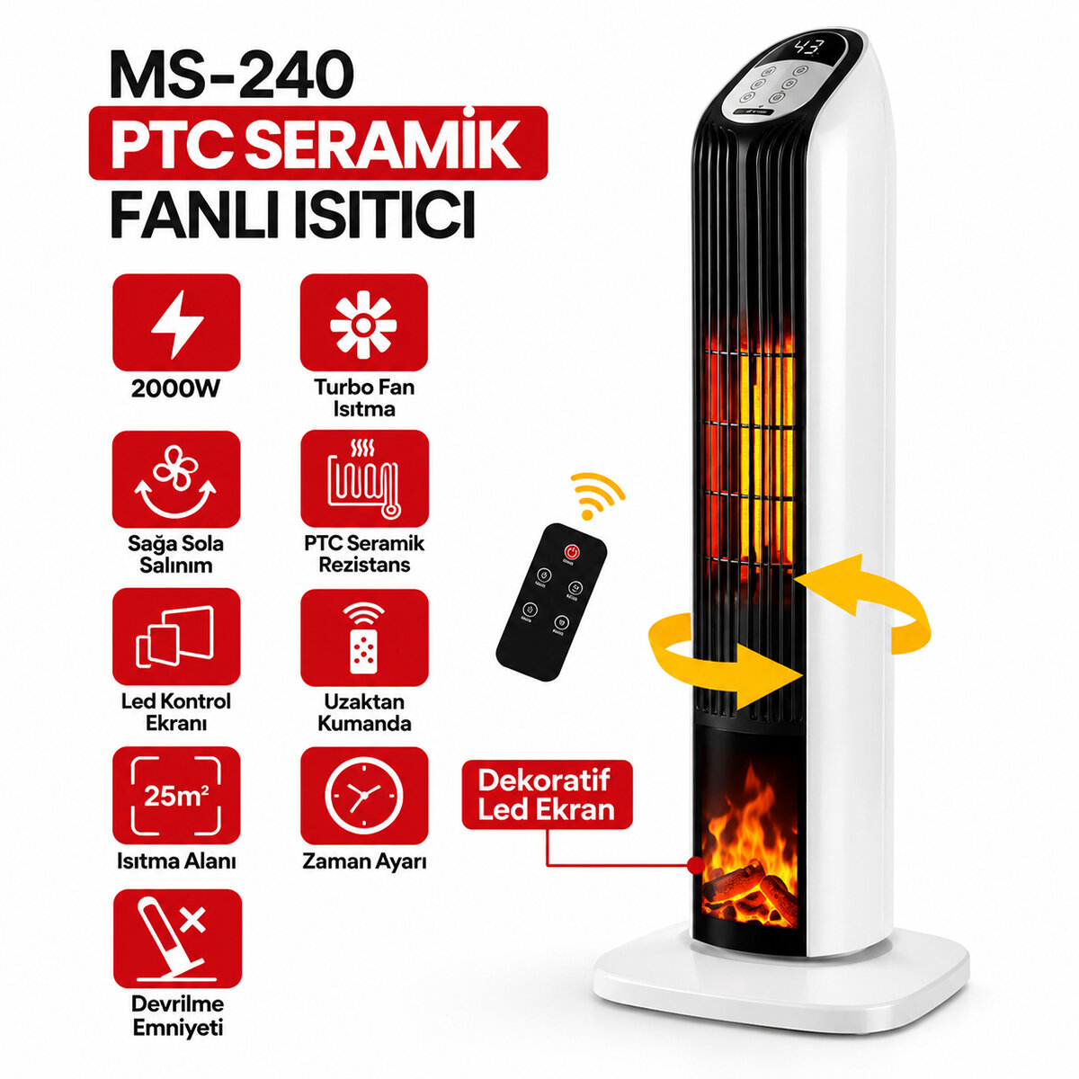 KUMANDALI SICAK DİK PTC SERAMİK FANLI ISITICI LED KONTROL EKRAN - DEVRİLME EMNiYET 2000W MS-240