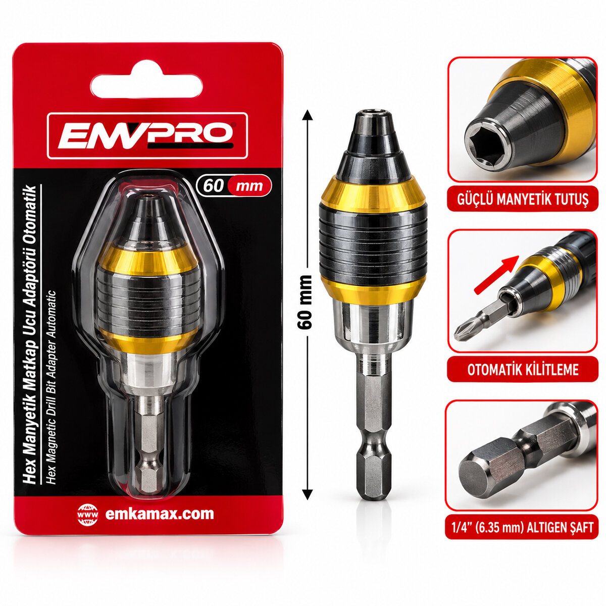 MANYETİK MATKAP UCU ADAPTÖR OTOMATİK 60MM ÇOK FONKSİYONLU FARKLU UÇLARA UYUMLULUK - PRATİK UÇ DEĞİŞTİRME EMV-5668