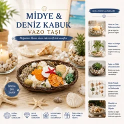 OVAL AHŞAP SEPET RENKLİ MİX MİDYE - DENİZ KABUK VAZO TAŞI