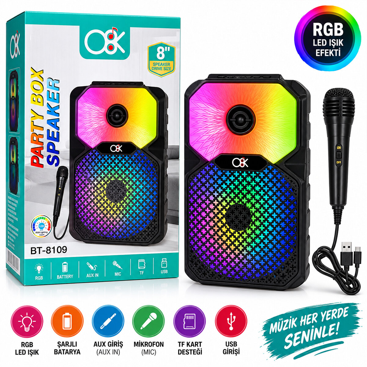 PL-4805 KARAOKE MİKROFONLU SPEAKER HOPARLÖR BT - SD - USB SARJLI RGB IŞIKLI DC 5V - AUX 8 INC BT-8109