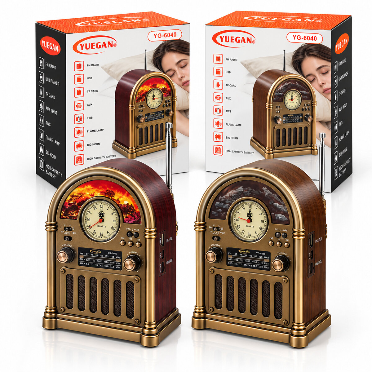 SAATLİ - İBRELİ ŞÖMİNELİ RADYO - RETRO AM - FM - SW USB - TYPE-C SARJLI BT - TF - USB SPEAKER YG-6040 PL-4733