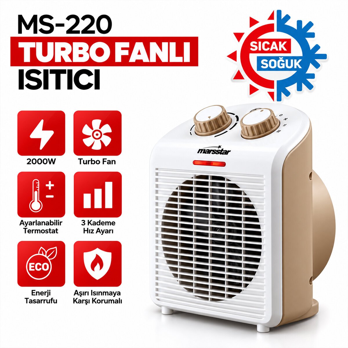 SICAK - SOĞUK TURBO FANLI ISITICI 3 KADEME HIZ AYAR 2000W MS-220